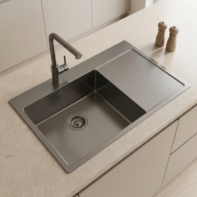 Pure.Sink Comfort PVD Gun Metal spoelbak met afdruipgedeelte 86x52 cm Tapwing links PCM5086LT-61